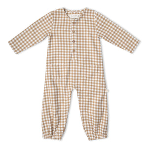 Organic Long Sleeve Button Romper - Oat Gingham