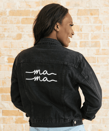 Black Denim Mama Jacket for stylish moms, perfect for casual outings and everyday wear.