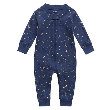 100% Organic Cotton Zip Footless Pajamas in Starry Sky design for babies, soft and breathable for comfort.
