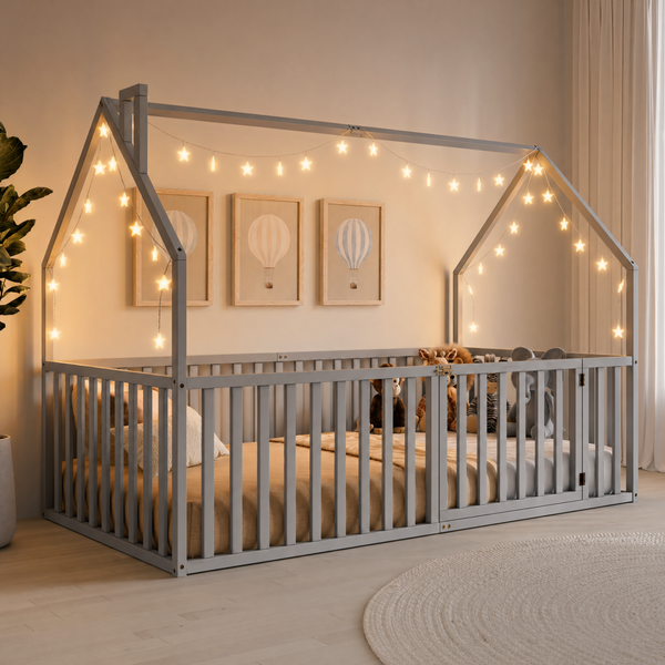 Kids House Gated Floor Bed Twin Size for Children Aged 5+,  Grey