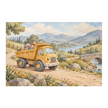 Dump Truck Road kids rug, full view of the printed design