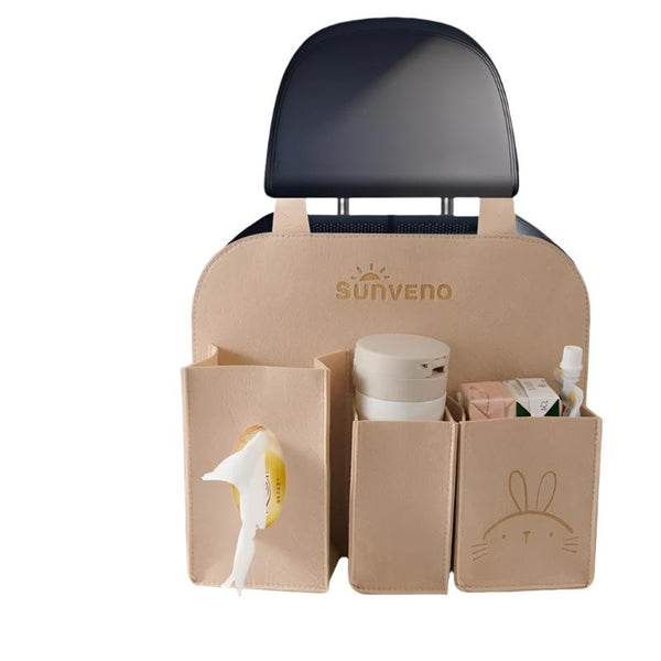 Baby car seat hanging organizer for travel essentials, keeping items within reach and organized for parents on the go.