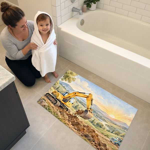 Toddler in a hooded towel stepping onto the Sunrise Excavator bath mat