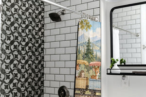 Animal Train shower curtain in a modern farmhouse bathroom with subway tile