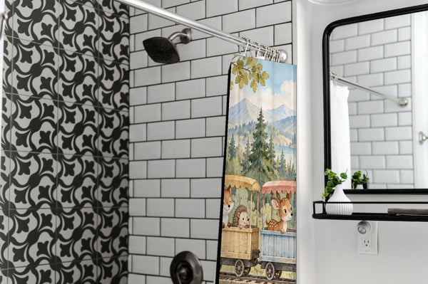Animal Train shower curtain in a modern farmhouse bathroom with subway tile