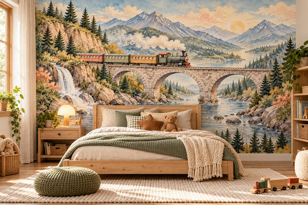 Watercolor Mountain Bridge Train Wall Mural, image 2
