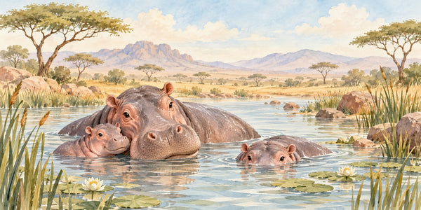 Watercolor Hippo Family Safari Wall Mural, image 3