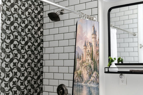 Lakeside Castle Fairy Tale shower curtain in a modern farmhouse bathroom with subway tile