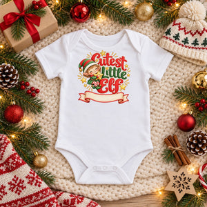 Personalize the Cutest Little Elf baby bodysuit in white with your baby's name