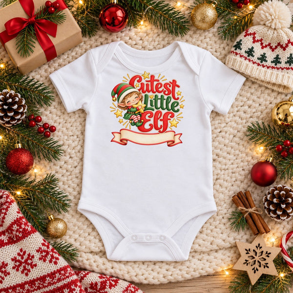 Personalize the Cutest Little Elf organic cotton baby bodysuit in white with your baby's name