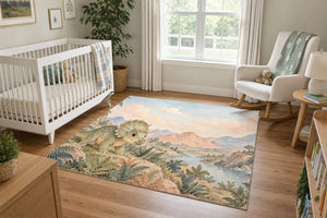 Baby Triceratops Dinosaur area rug in a calm nursery with a white crib