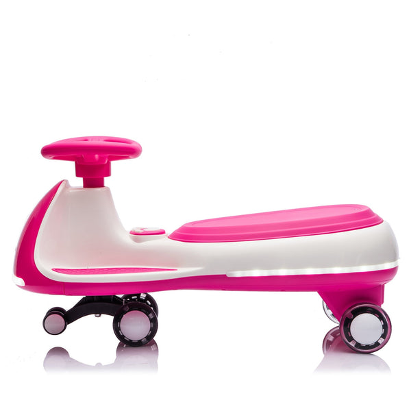 12V Electric Wiggle Ride On Car with dual motors and LED lights, angled view showcasing its vibrant design and features.