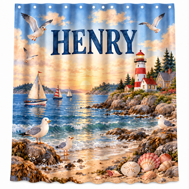 Personalized lighthouse kids shower curtain with the name Henry