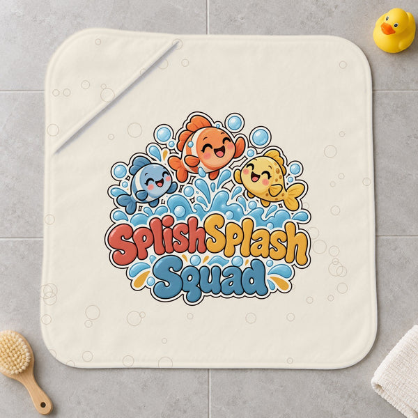 Splish Splash Squad kids hooded bath towel laid flat