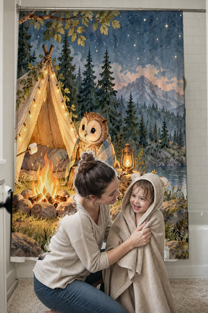 Mom drying her toddler in a hooded towel in front of the Moonlit Forest Camp Camping shower curtain