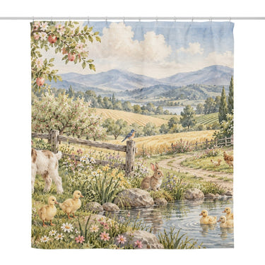 Peaceful Farm shower curtain, full front view of the 71 x 74 in fabric curtain