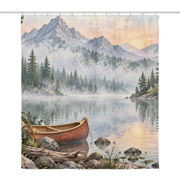 Canoe Lake Camping shower curtain, full front view of the 71 x 74 in fabric curtain