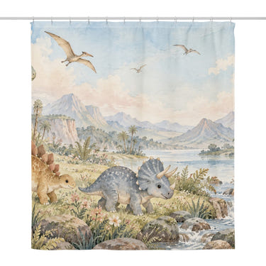 Prehistoric Meadow Dinosaur shower curtain, full front view of the 71 x 74 in fabric curtain