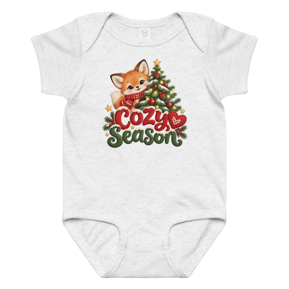 Cozy Season baby bodysuit in white, front view