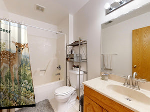 D is for Deer Alphabet shower curtain on a tub shower combo in an American family bathroom