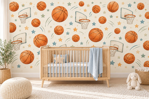 Watercolor Basketball Pattern Wall Mural, image 1