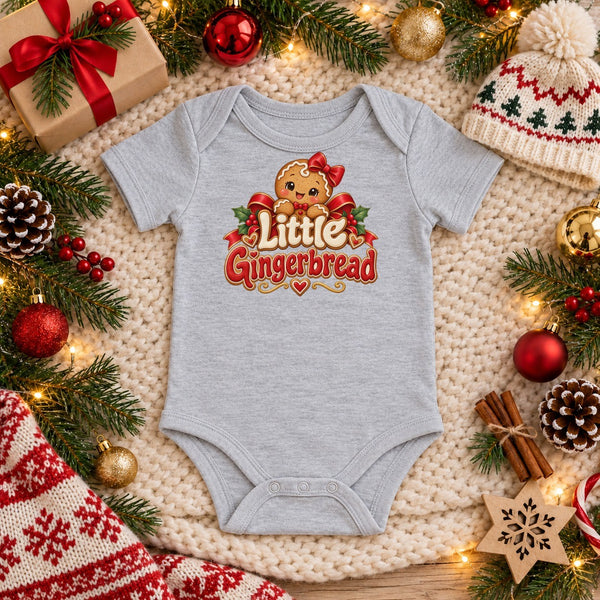 Little Gingerbread baby bodysuit in heather grey, Christmas flat lay