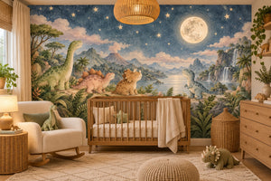 Watercolor Moonlit Dinosaurs Wall Mural, image 1
