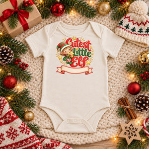 Personalize the Cutest Little Elf organic cotton baby bodysuit in natural with your baby's name