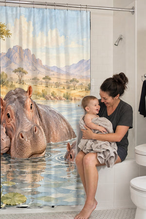 Mom holding her baby on the tub edge next to the Hippo Family Safari shower curtain