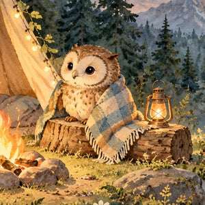 Moonlit Forest Camp Camping shower curtain, close up of the watercolor artwork