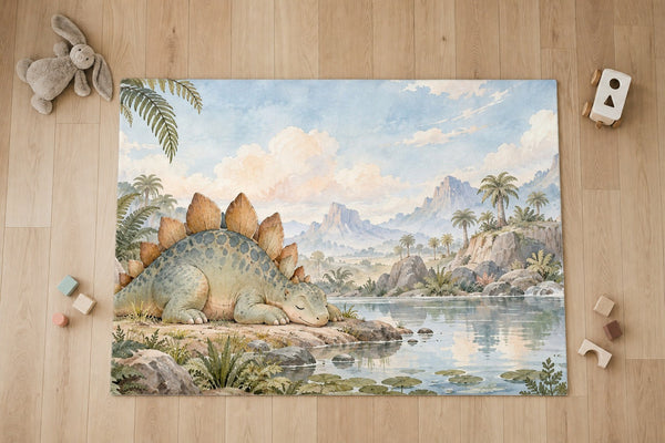 Top view of the Sleepy Stegosaurus Dinosaur kids area rug on a wood floor