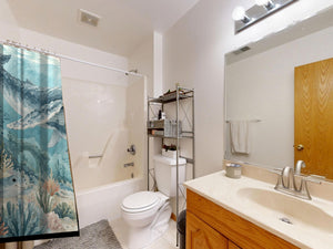 Ocean Kingdom shower curtain on a tub shower combo in an American family bathroom