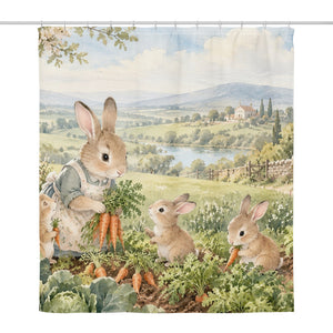 Bunny Garden Farm shower curtain, full front view of the 71 x 74 in fabric curtain
