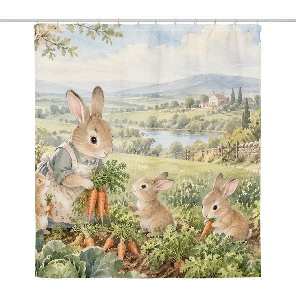 Bunny Garden Farm shower curtain, full front view of the 71 x 74 in fabric curtain