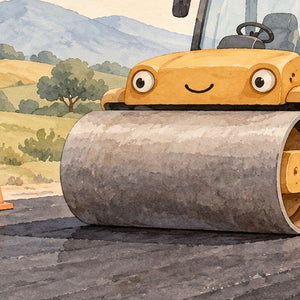 Road Roller shower curtain, close up of the watercolor artwork