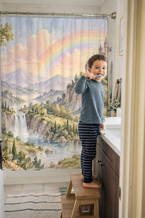Child brushing teeth in a family bathroom with the Rainbow Castle Fairy Tale shower curtain