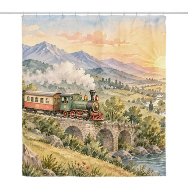 Sunrise Train shower curtain, full front view of the 71 x 74 in fabric curtain