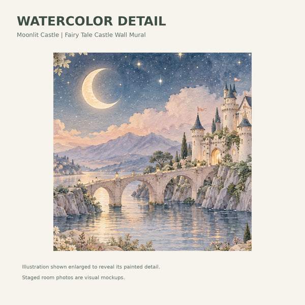 Watercolor Moonlit Castle Fairy Tale Wall Mural, image 4