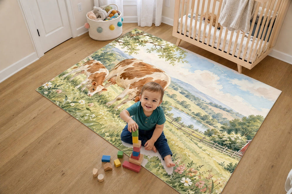 Cow and Calf Farm kids rug, full view of the printed design