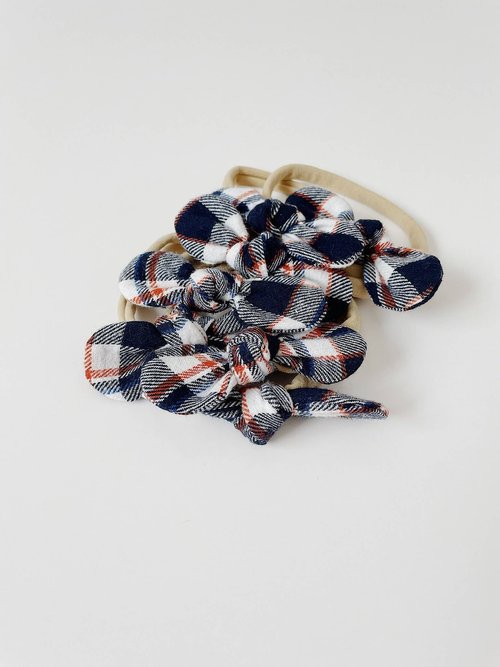 Knotted Hair Bow - Navy & Orange Plaid (Limited Edition)
