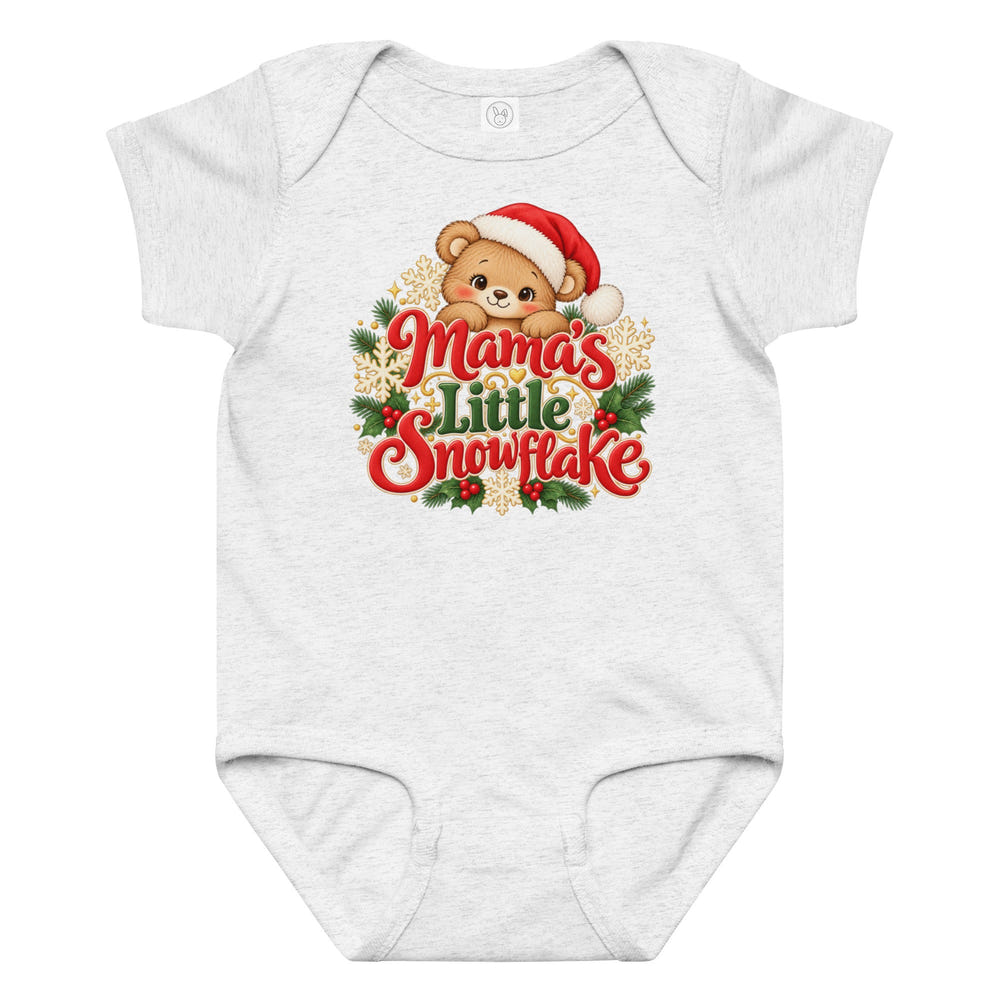 Mama's Little Snowflake baby bodysuit in white, front view