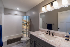 Birds and Biplane shower curtain pulled open in a gray kids bathroom