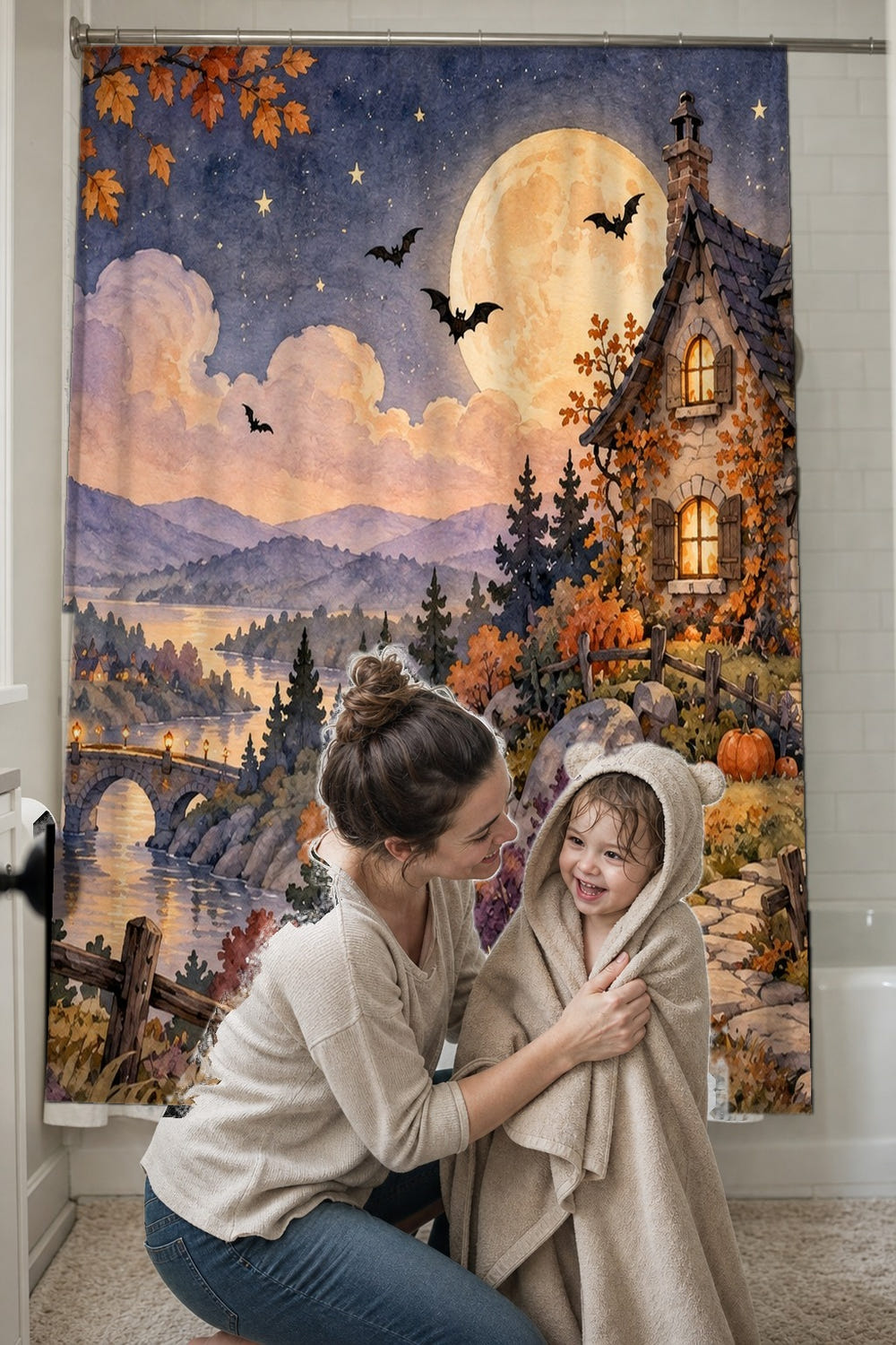 Storybook Cottage Halloween shower curtain, full front view of the 71 x 74 in fabric curtain