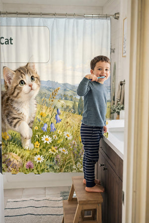 Child brushing teeth in a family bathroom with the C is for Cat Alphabet shower curtain