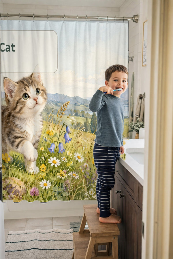 Child brushing teeth in a family bathroom with the C is for Cat Alphabet shower curtain