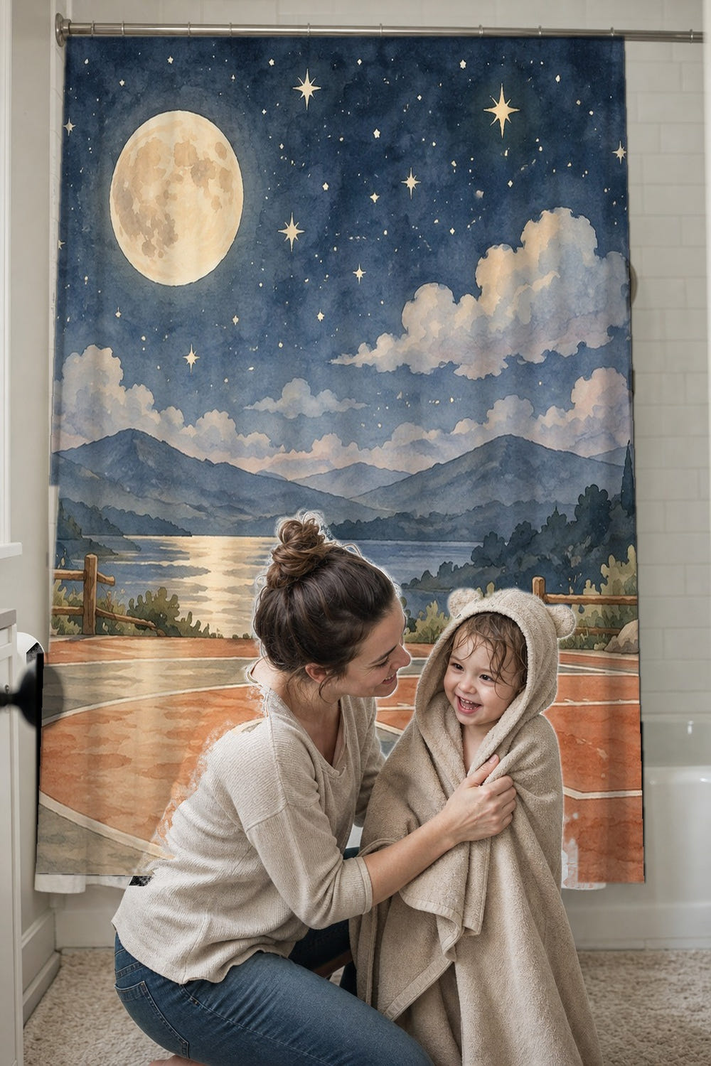 Moonlit Court Basketball shower curtain, full front view of the 71 x 74 in fabric curtain