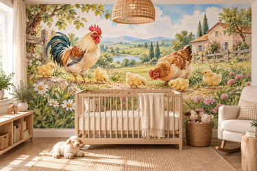 Watercolor Chicks Field Farm Wall Mural, image 1