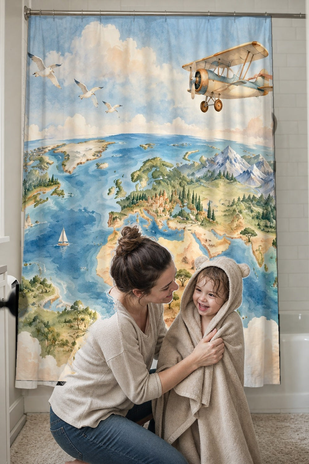 World Explorer shower curtain, full front view of the 71 x 74 in fabric curtain