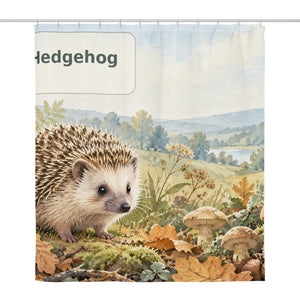 H is for Hedgehog Alphabet shower curtain, full front view of the 71 x 74 in fabric curtain