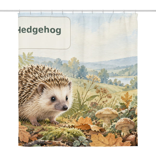 H is for Hedgehog Alphabet shower curtain, full front view of the 71 x 74 in fabric curtain